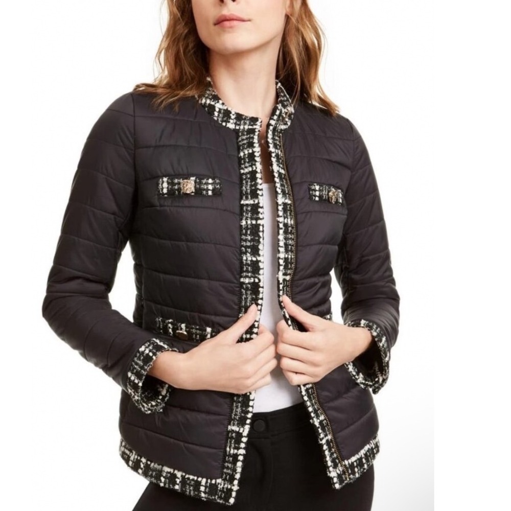 Anne Klein Black Quilted Vest Boucle Trim Gold Buttons Women's M NWT
